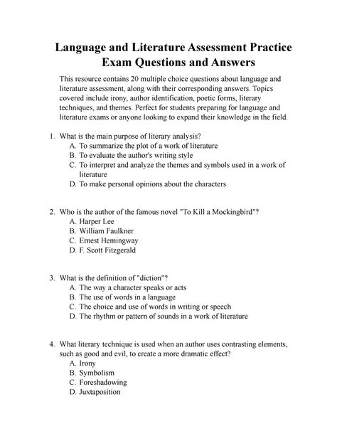 english literature 101 practice test